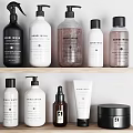Modern Bathroom Accessories On Shelves With Bottles Jars And Towels