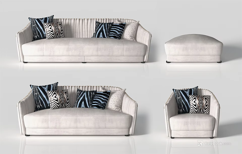 Light Colored Modern Sofa Set With Three Seater Single Seater Ottoman And Zebra Patterned Pillows 3d model