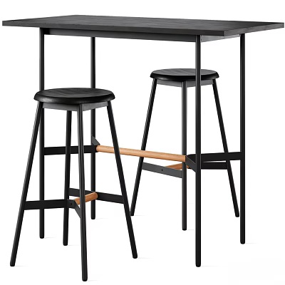 Modern Black Metal Bar Stools With Wooden Crossbar And Round Seats For Kitchen Bar Area 3d model