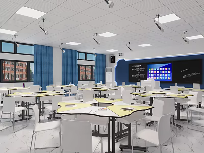 Modern School Classroom Interior With Smart Equipment Desks Chairs Windows And Blue Curtains 3d model