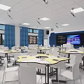 Modern School Classroom Interior With Smart Equipment Desks Chairs Windows And Blue Curtains