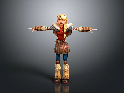 3D Cartoon Girl Character Model With Blonde Hair Red Top Arms Outstretched And Fur Boots 3d model