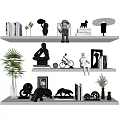 Modern Decorative Ornament Set on White Floating Shelves with Sculptures Plants Books and Animal Figurines