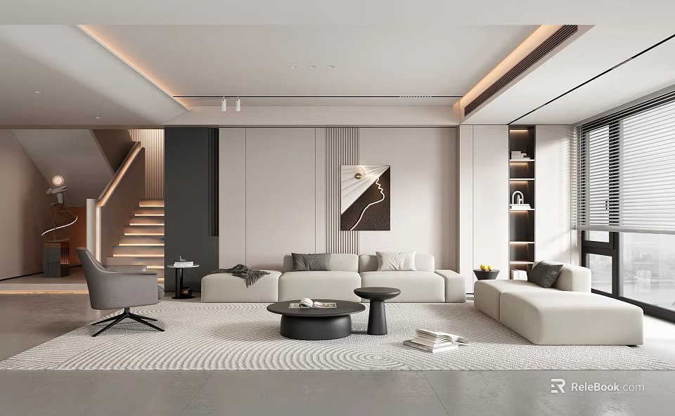 Modern Living Room Interior With Sofa Round Coffee Table And Artwork 3d model