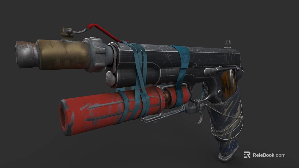 Vintage Industrial Weapon With Red Barrel Blue Straps And Metal Structure 3d model 