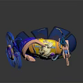 Anime Game Character With Blonde Hair Yellow Blue Outfit Holding Blue Orange Weapons Standing In Dark Background