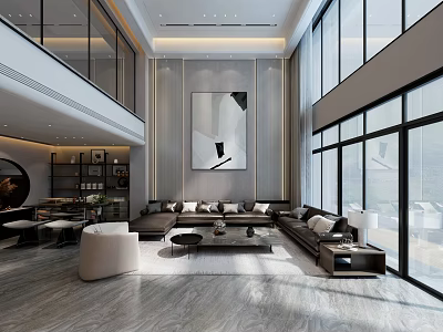 Duplex Living Room Modern Interior With High Ceiling Large Windows Sofa And Decorative Painting 3d model