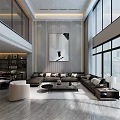 Duplex Living Room Modern Interior With High Ceiling Large Windows Sofa And Decorative Painting