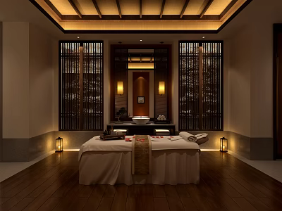 Luxurious SPA Room Interior With Massage Bed Wooden Flooring And Warm Lighting For Tranquil Ambiance 3d model