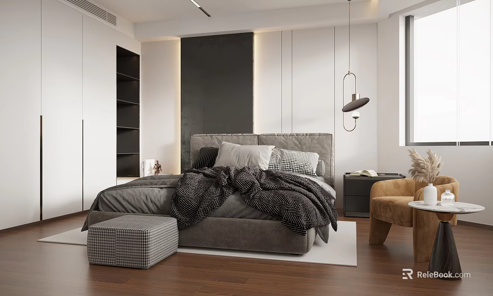 Modern Bedroom Interior With Gray Headboard Pillows Blanket Wooden Floor And Armchair 3d model 