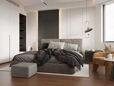 Modern Bedroom Interior With Gray Headboard Pillows Blanket Wooden Floor And Armchair 3d model