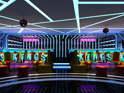 Stylish Modern KTV Lounge Interior With Neon Lights Disco Balls And Comfortable Sofas 3d model