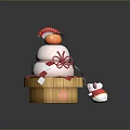 Traditional Wooden Box With Three Layered Pastry Red Decorations And Small Mouse Doll