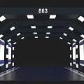 Modern Event Passage with Ceiling Lights Side Structures and Blue Floor 863