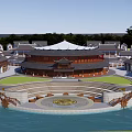 Waterfront Commercial Street With Central Circular Structure And Surrounding Buildings Layout
