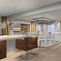 Modern Hair Salon Interior With Two Brown Chairs Wooden Cabinets Shelves And Striped Blinds