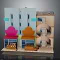 Colorful Food Shop Model Featuring Pink Orange Roofs And Display Baskets