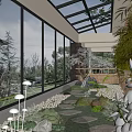 Modern Villa Balcony With Glass Roof Large Windows Green Plants Stone Path And Outdoor View