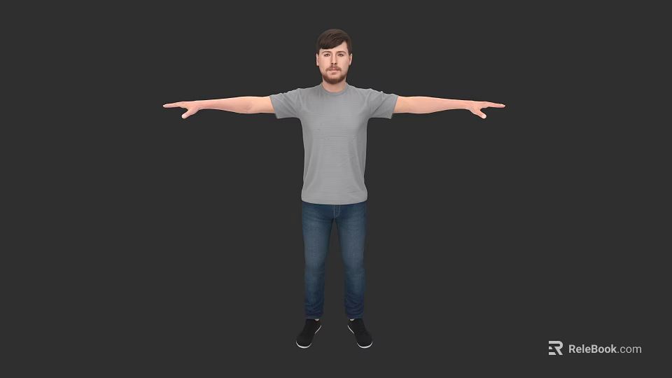 Man In Gray T-Shirt And Blue Jeans With Arms Outstretched On Dark Background 3d model 