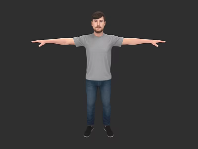 Man In Gray T-Shirt And Blue Jeans With Arms Outstretched On Dark Background 3d model