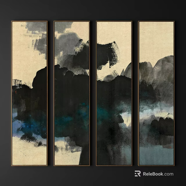 Abstract Ink Triptych Art With Black Blue Brush Strokes And Beige Background 3d model 