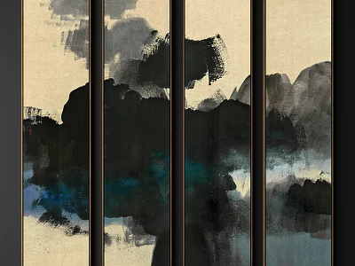 Abstract Ink Triptych Art With Black Blue Brush Strokes And Beige Background 3d model