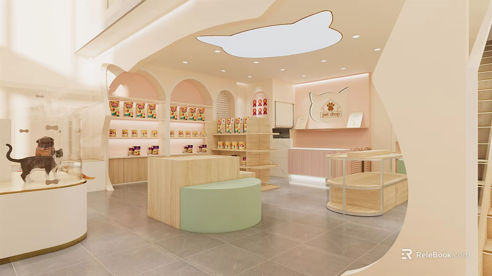 Charming Mall Shop Interior With Curved Shelves Product Displays Soft Tones And Decorative Stools 3d model 