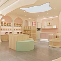 Charming Mall Shop Interior With Curved Shelves Product Displays Soft Tones And Decorative Stools