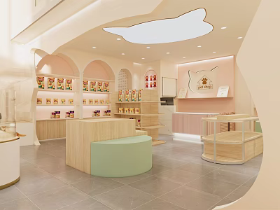 Charming Mall Shop Interior With Curved Shelves Product Displays Soft Tones And Decorative Stools 3d model