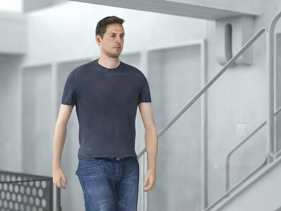 Man in Dark Blue T-Shirt and Blue Jeans Walking in Modern Building with Staircase Rail 3d model