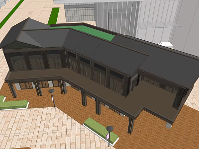 Modern Commercial Street With Black Roof Paved Ground Storefronts And Green Elements 3d model