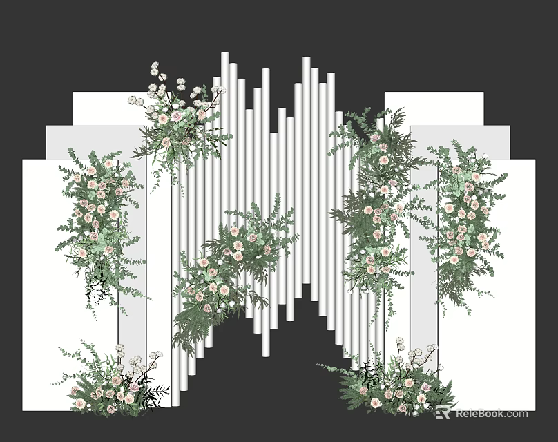 Elegant Floral Installation With Geometric Vertical Panels And White Greenery Arrangement 3d model 