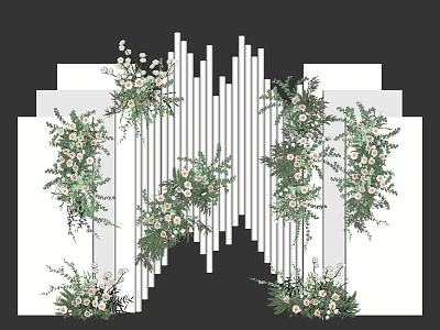 Elegant Floral Installation With Geometric Vertical Panels And White Greenery Arrangement 3d model
