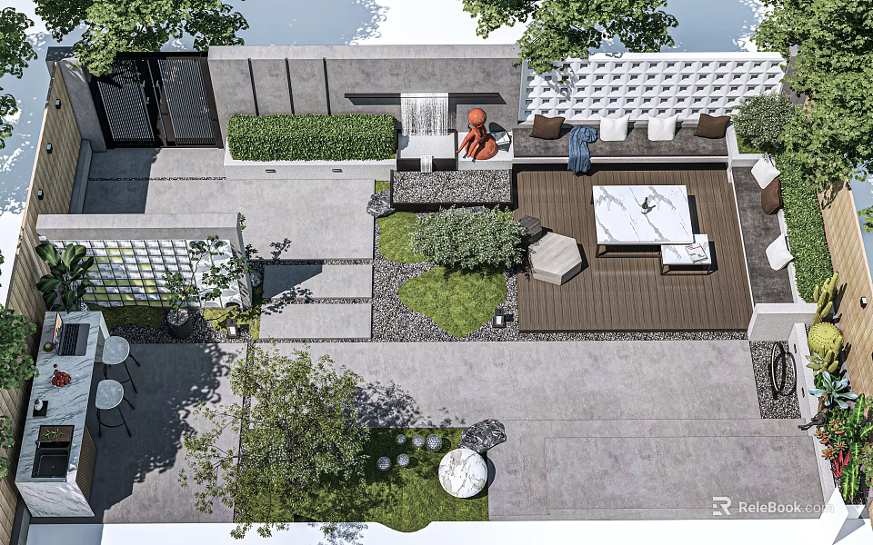 Modern Courtyard Garden Design With Outdoor Seating Lush Greenery And Paved Patio 3d model 