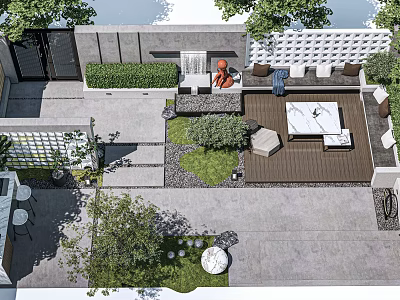 Modern Courtyard Garden Design With Outdoor Seating Lush Greenery And Paved Patio 3d model