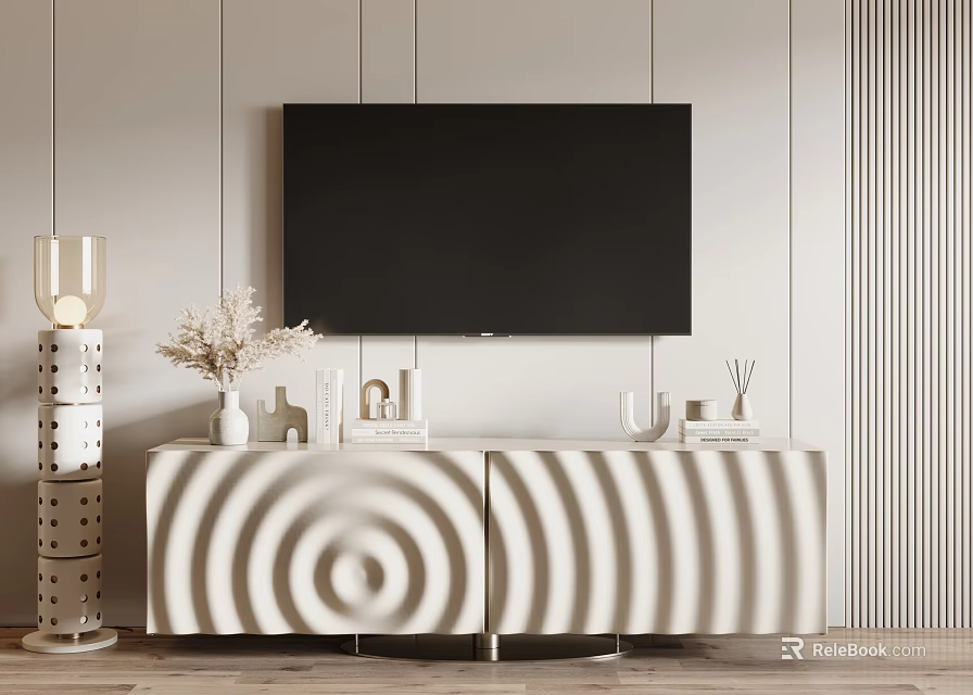 Modern TV Stand With Wall mounted TV Decorative Items And Light Shadow Patterns 3d model