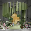 Elegant Decorative Scene With Green Hanging Panels Lotus Elements Pink Flowers And Circular Platform