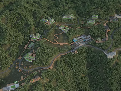 Hotel Buildings Scattered in Lush Forest with Winding Roads and Natural Architecture Fusion 3d model
