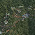 Hotel Buildings Scattered in Lush Forest with Winding Roads and Natural Architecture Fusion