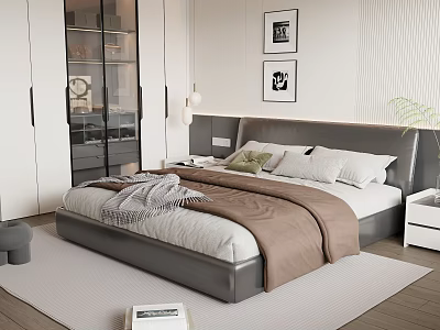Double Bed Background with Gray Headboard Brown Blanket White Pillows Nightstand Rug and Wall Paintings 3d model