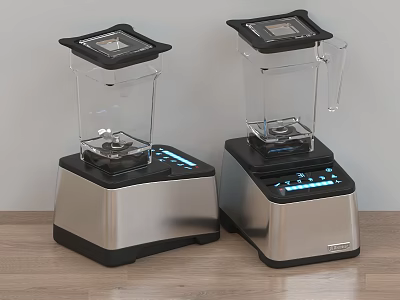 Two Modern Kitchen Blenders With Black Lids Digital Displays And Silver Bases On Wooden Countertop 3d model