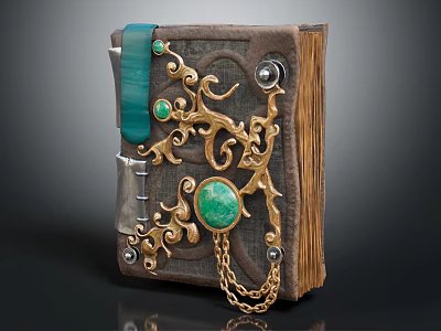 Ornate Ancient Book With Leather Cover Golden Filigree Green Gemstone And Chain 3d model