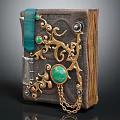 Ornate Ancient Book With Leather Cover Golden Filigree Green Gemstone And Chain