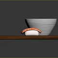 Four Pieces of Fresh Salmon Sushi on Wooden Board with Soy Sauce