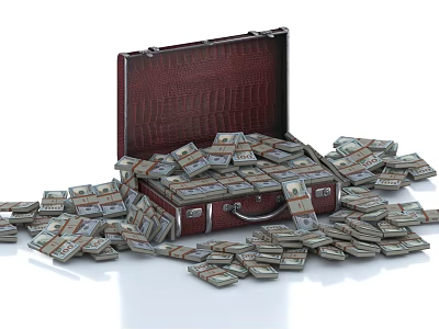 Classic Brown Leather Suitcase Open With Stacks of Cash Inside and Around 3d model Classic Brown Leather Suitcase Open With Stacks of Cash Inside and Around 3d model