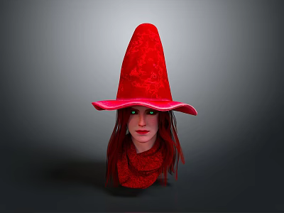 Game Movie Character With Red Pointed Wizard Hat Long Red Hair And Green Eyes 3d model