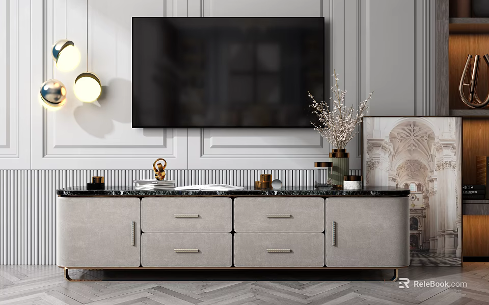 Elegant Modern TV Stand With Drawers Black Top And Decorative Items On White Wall 3d model 