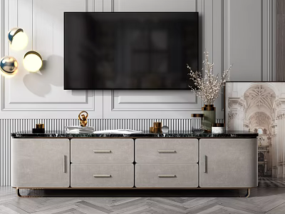 Elegant Modern TV Stand With Drawers Black Top And Decorative Items On White Wall 3d model