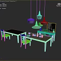 Modern Dining Room Interior With Table And Chairs Set Hanging Pendant Lights And Tableware