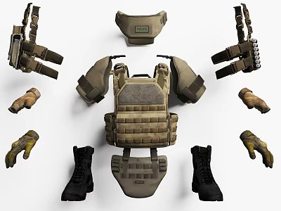 Tactical Weapon Gear Set Including Bulletproof Vest Gloves And Combat Boots 3d model